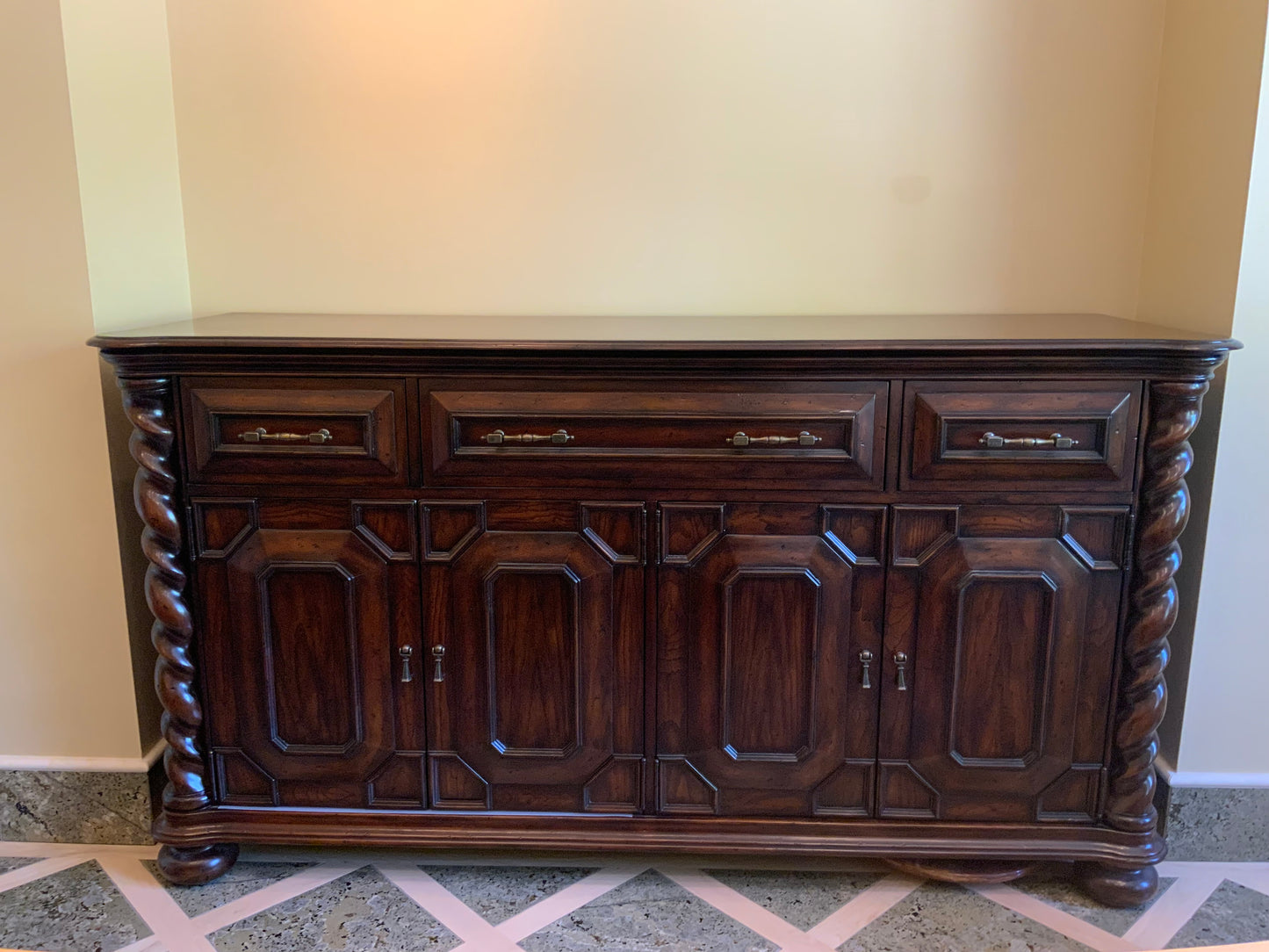 Dark Wood Console Buffet with Carved Accents